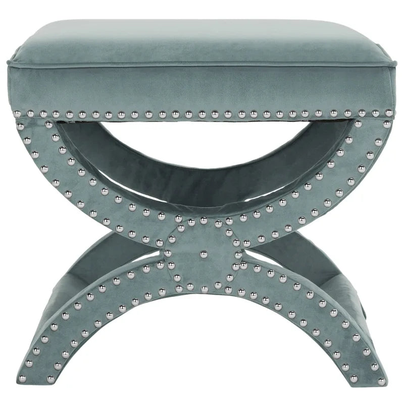 X-Bench Ottoman with Taupe Linen and Silver Nailhead Trim