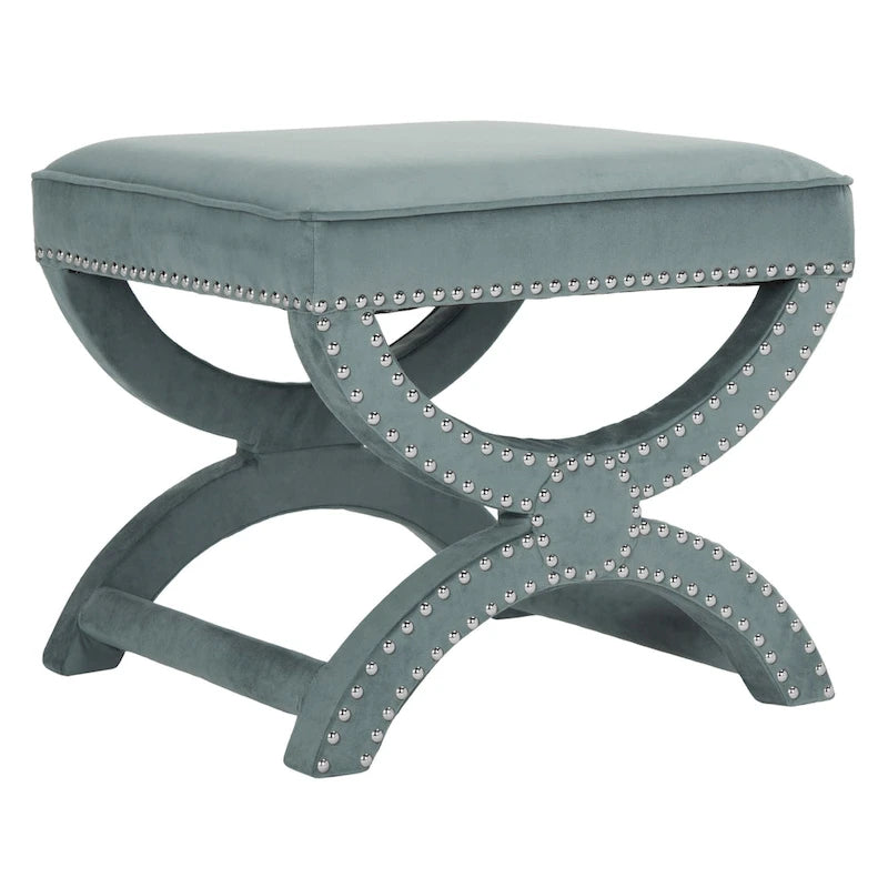 X-Bench Ottoman with Taupe Linen and Silver Nailhead Trim