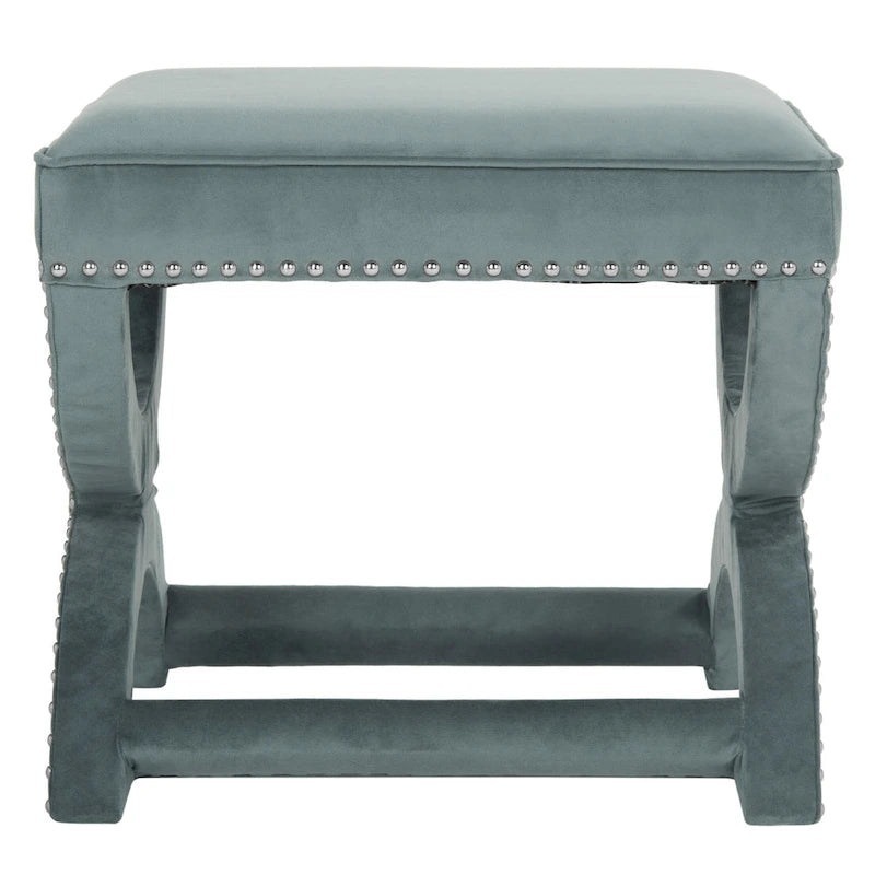 X-Bench Ottoman with Taupe Linen and Silver Nailhead Trim