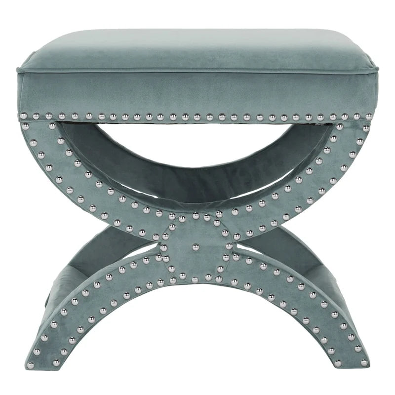 X-Bench Ottoman with Taupe Linen and Silver Nailhead Trim