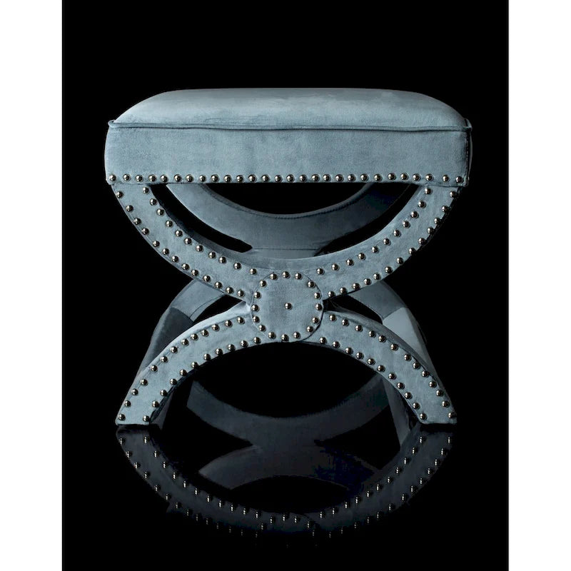 X-Bench Ottoman with Taupe Linen and Silver Nailhead Trim