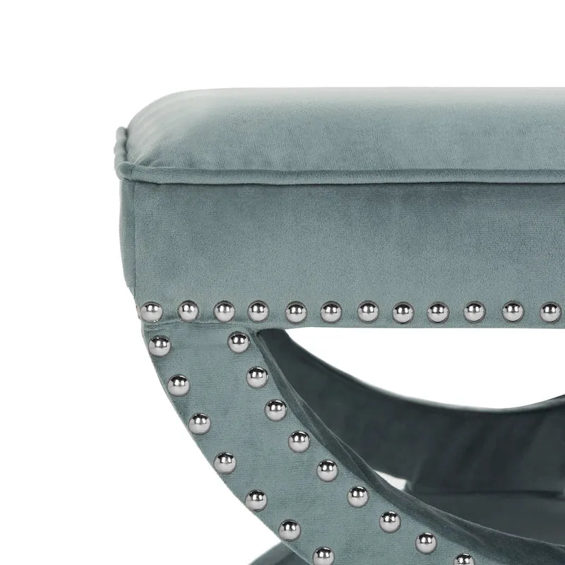 X-Bench Ottoman with Taupe Linen and Silver Nailhead Trim