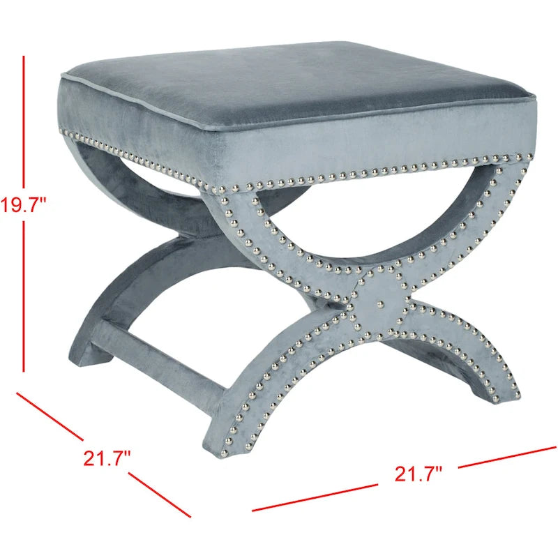 X-Bench Ottoman with Taupe Linen and Silver Nailhead Trim