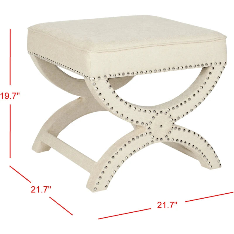 X-Bench Ottoman with Taupe Linen and Silver Nailhead Trim