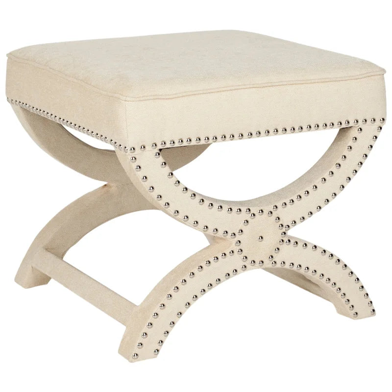 X-Bench Ottoman with Taupe Linen and Silver Nailhead Trim