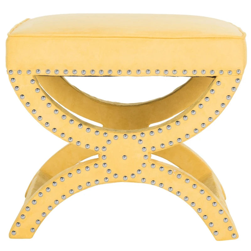X-Bench Ottoman with Taupe Linen and Silver Nailhead Trim