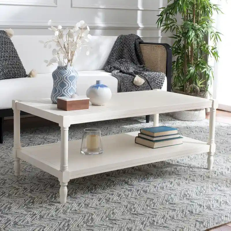 White Two-Tier Coffee Table with Turned Legs, 47"W