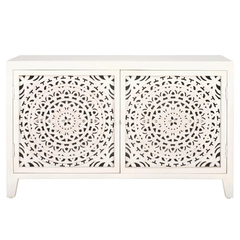 Mango Wood Media Stand with Cut-Out Pattern and 4 Shelves, 42"W x 26"H