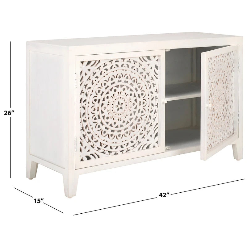 Mango Wood Media Stand with Cut-Out Pattern and 4 Shelves, 42"W x 26"H