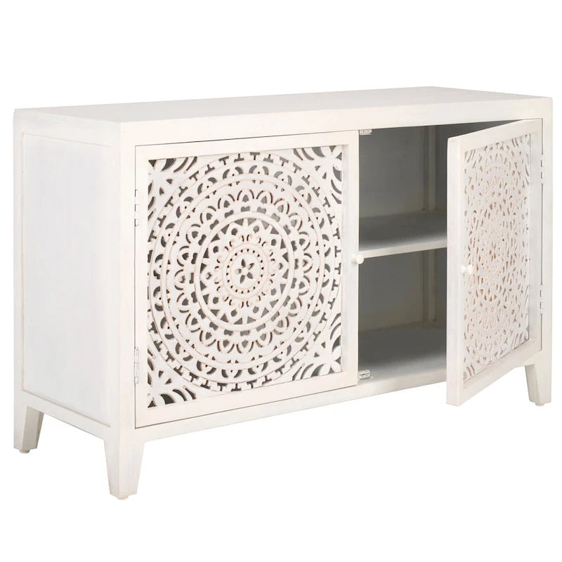 Mango Wood Media Stand with Cut-Out Pattern and 4 Shelves, 42"W x 26"H