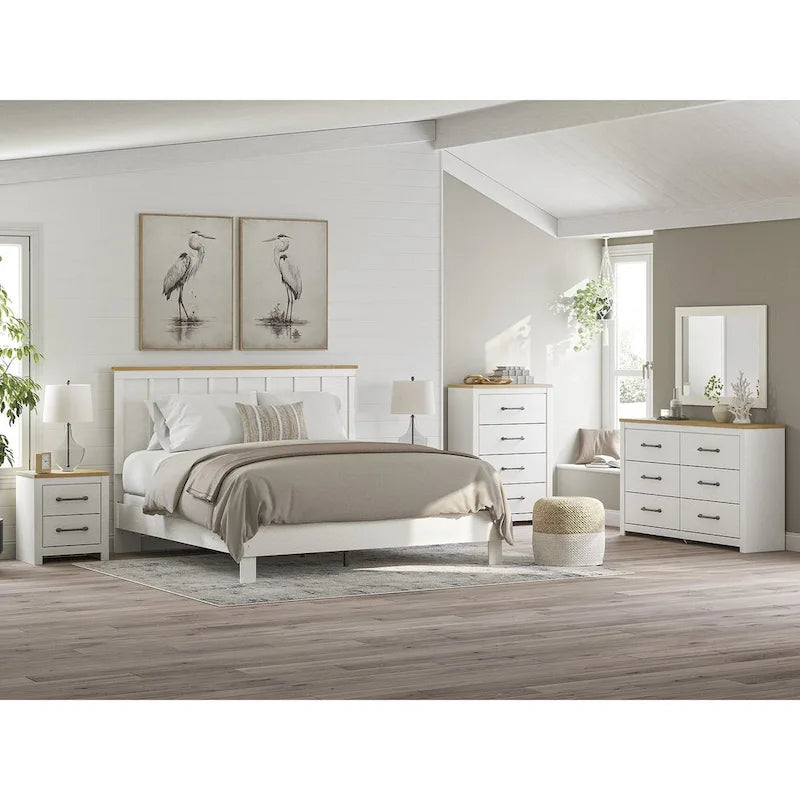 Two-Tone Farmhouse Panel Headboard in White and Oak Grain, Full/Queen/King