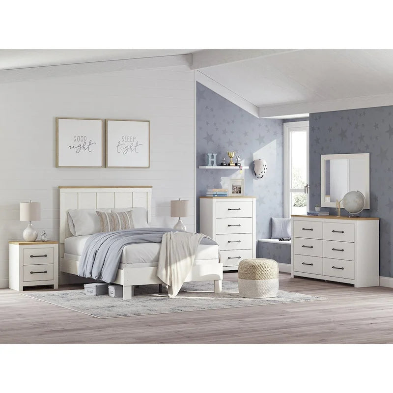 Two-Tone Farmhouse Panel Headboard in White and Oak Grain, Full/Queen/King