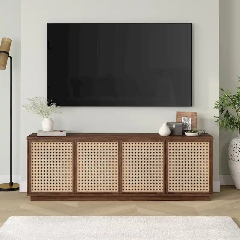 Mid-Century TV Stand with Faux Rattan Doors for TVs up to 78 Inches
