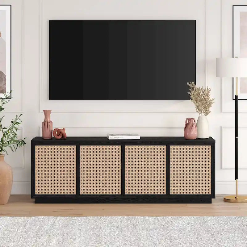 Mid-Century TV Stand with Faux Rattan Doors for TVs up to 78 Inches