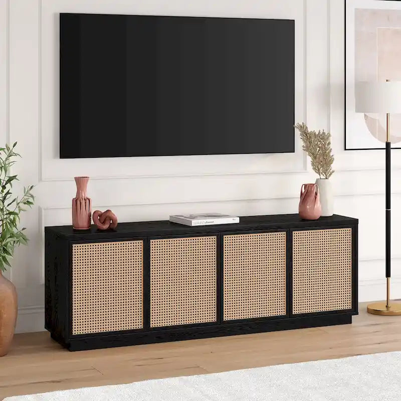 Mid-Century TV Stand with Faux Rattan Doors for TVs up to 78 Inches