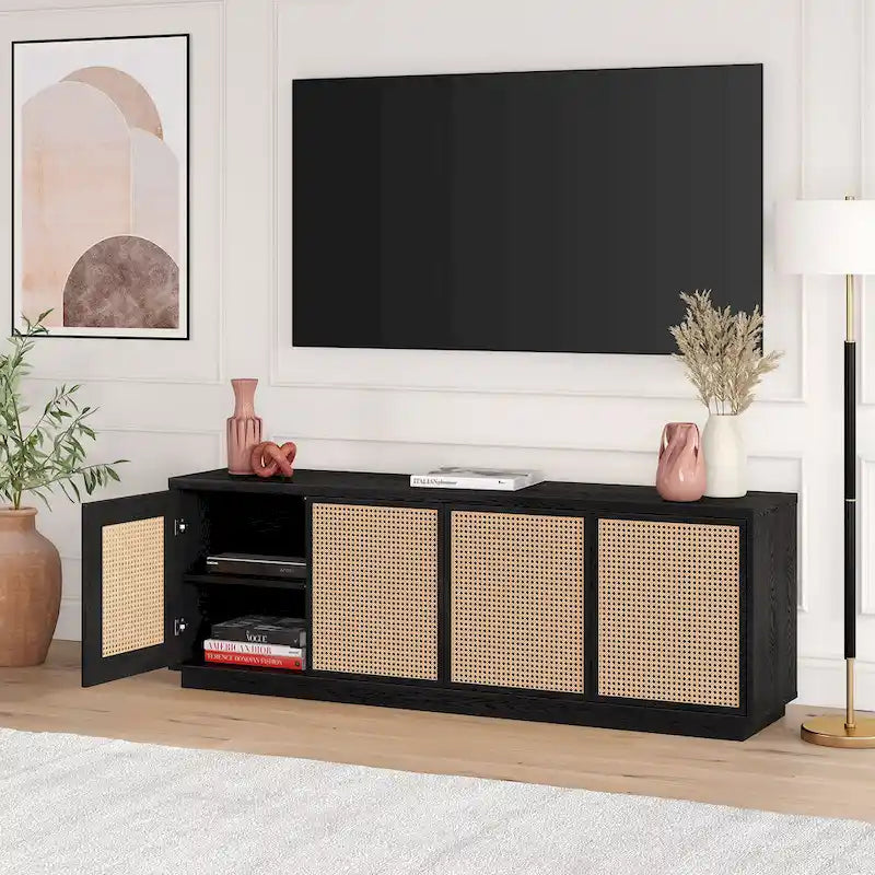 Mid-Century TV Stand with Faux Rattan Doors for TVs up to 78 Inches