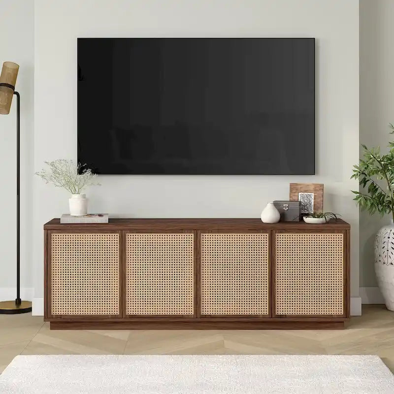 Mid-Century TV Stand with Faux Rattan Doors for TVs up to 78 Inches