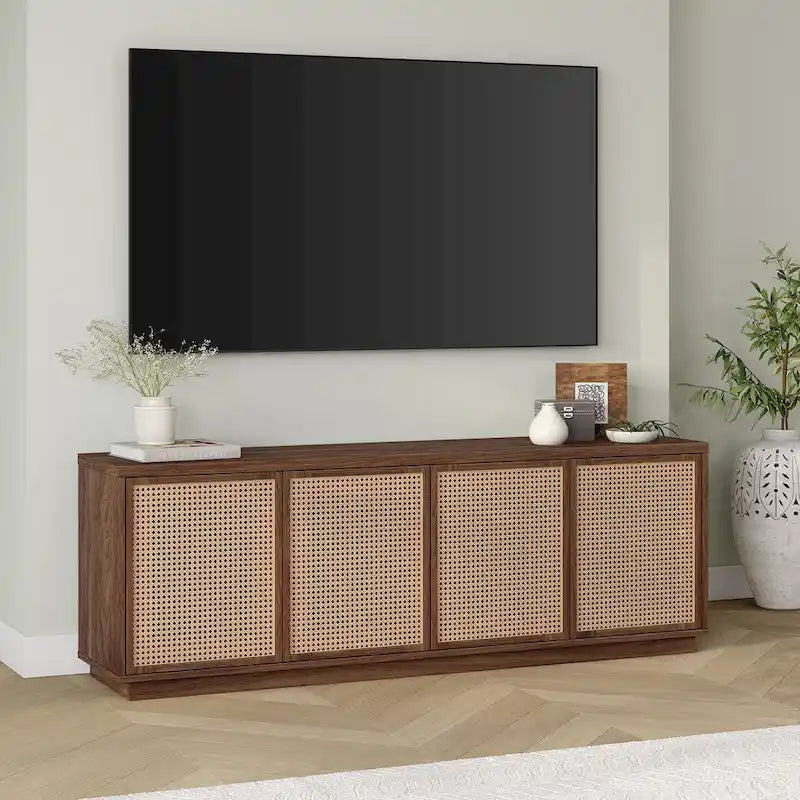 Mid-Century TV Stand with Faux Rattan Doors for TVs up to 78 Inches