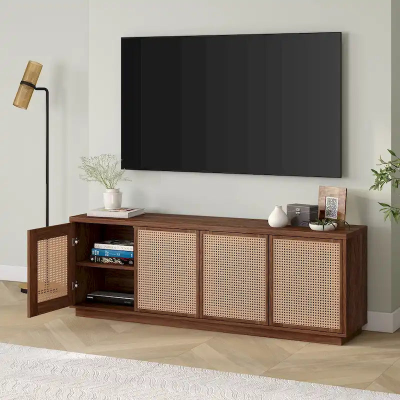 Mid-Century TV Stand with Faux Rattan Doors for TVs up to 78 Inches