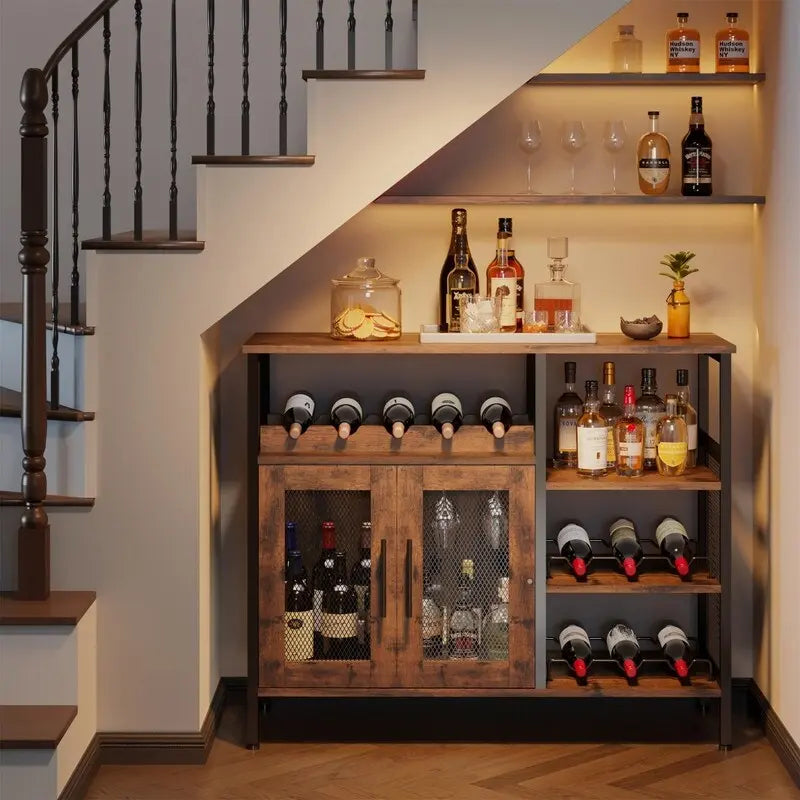 Industrial Wine Bar Cabinet with 3 Wine Racks and 8-Glass Holder, Mesh Door