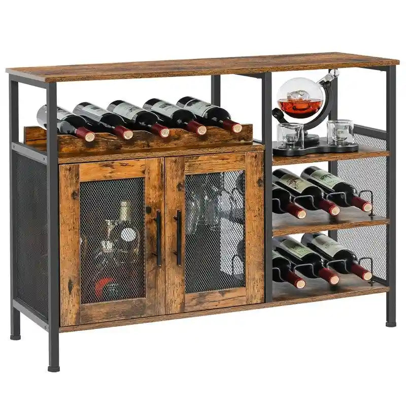 Industrial Wine Bar Cabinet with 3 Wine Racks and 8-Glass Holder, Mesh Door