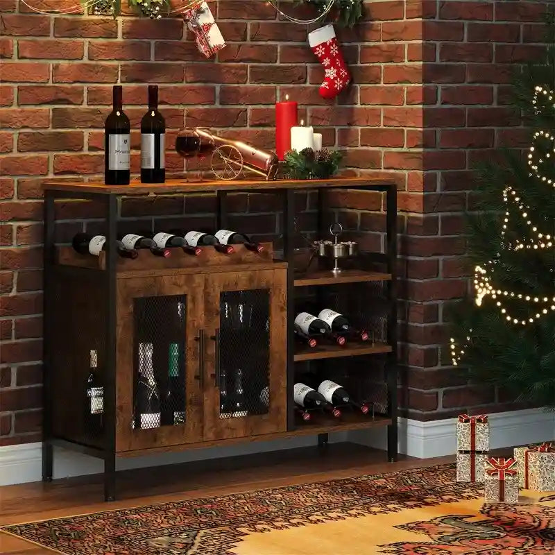 Industrial Wine Bar Cabinet with 3 Wine Racks and 8-Glass Holder, Mesh Door