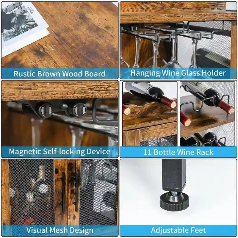 Industrial Wine Bar Cabinet with 3 Wine Racks and 8-Glass Holder, Mesh Door