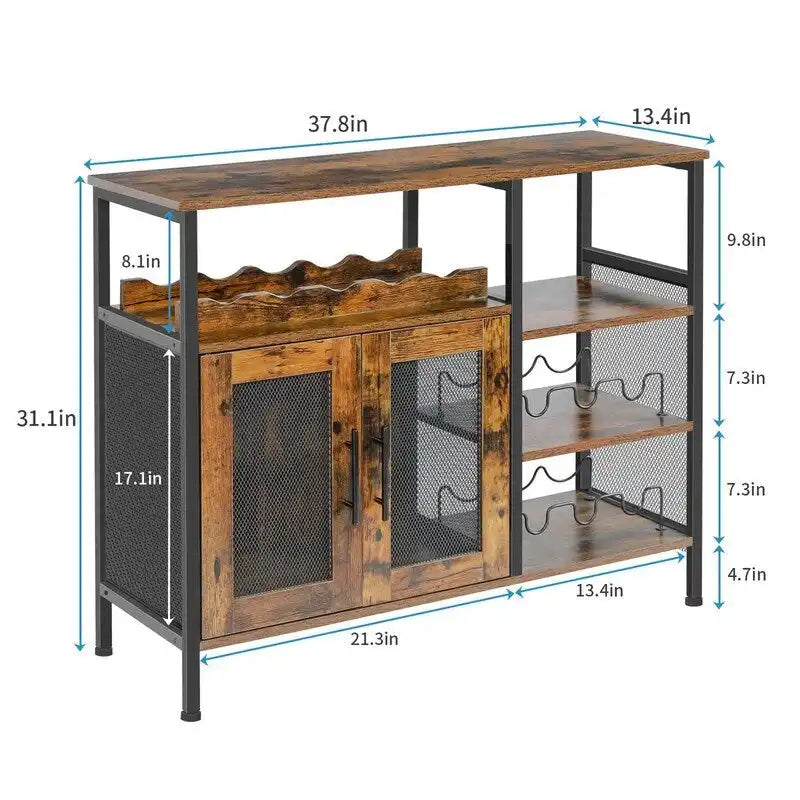 Industrial Wine Bar Cabinet with 3 Wine Racks and 8-Glass Holder, Mesh Door