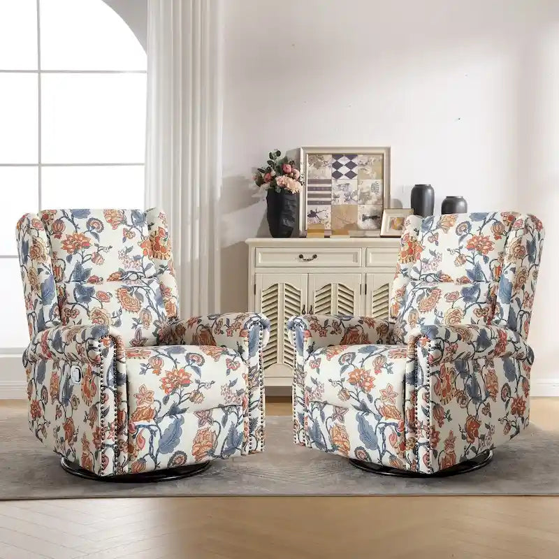 Floral Fabric Manual Recliner Swivel Rocking Chair Set of 2