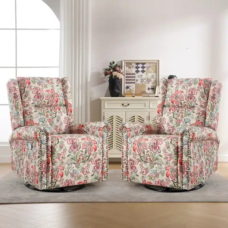 Floral Fabric Manual Recliner Swivel Rocking Chair Set of 2