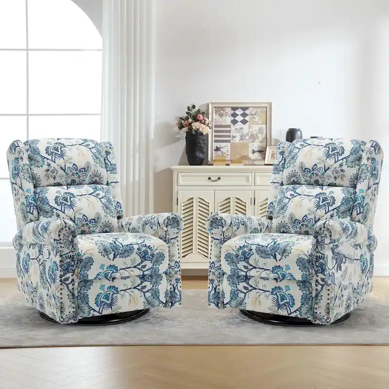 Floral Fabric Manual Recliner Swivel Rocking Chair Set of 2