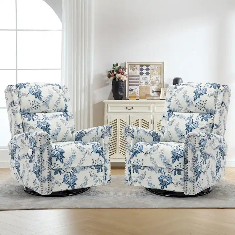 Floral Fabric Manual Recliner Swivel Rocking Chair Set of 2
