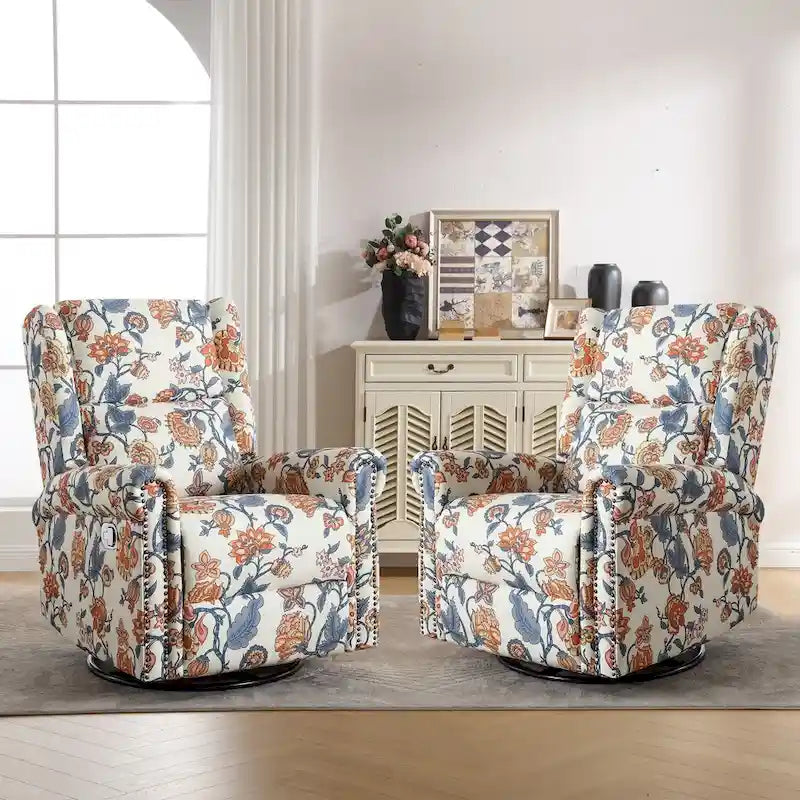 Floral Fabric Manual Recliner Swivel Rocking Chair Set of 2