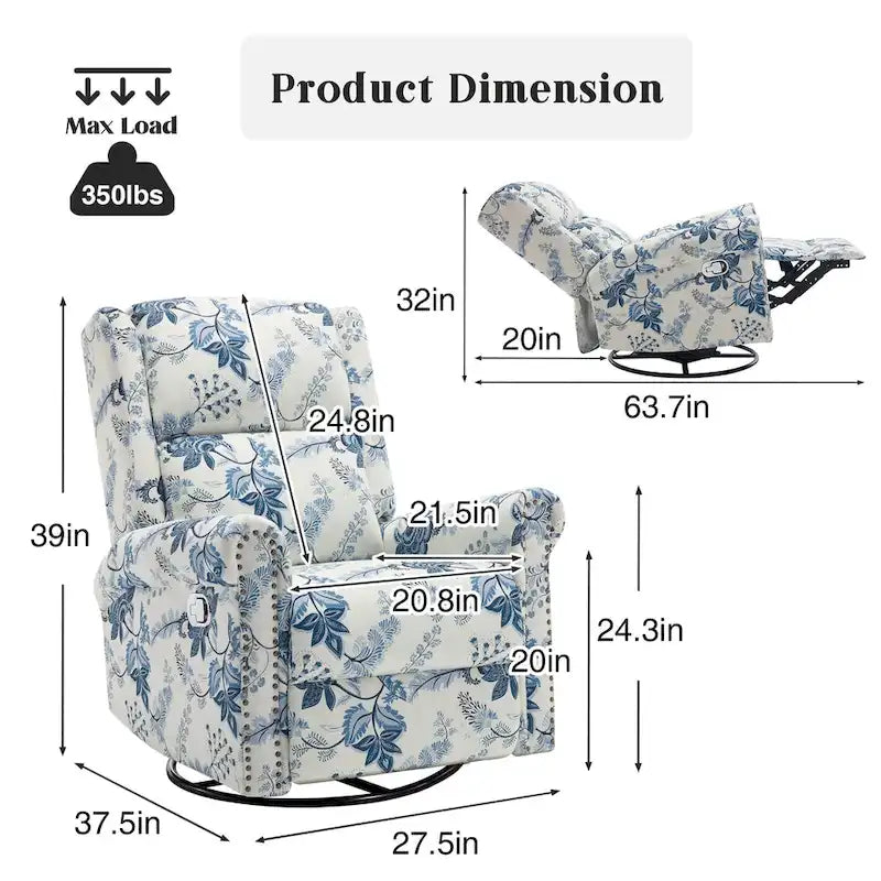 Floral Fabric Manual Recliner Swivel Rocking Chair Set of 2