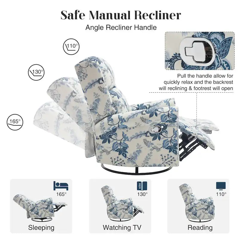 Floral Fabric Manual Recliner Swivel Rocking Chair Set of 2