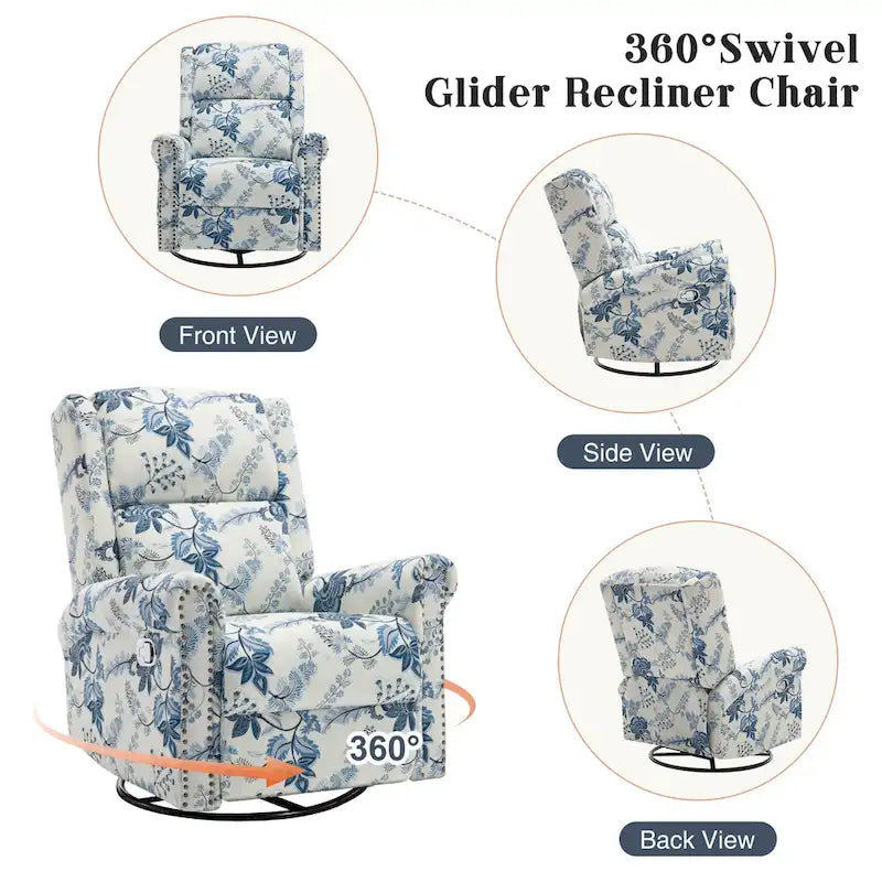 Floral Fabric Manual Recliner Swivel Rocking Chair Set of 2