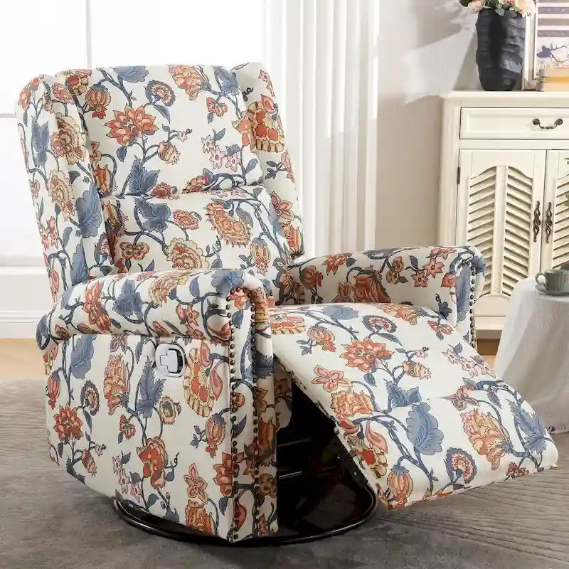 Floral Fabric Manual Recliner Swivel Rocking Chair Set of 2