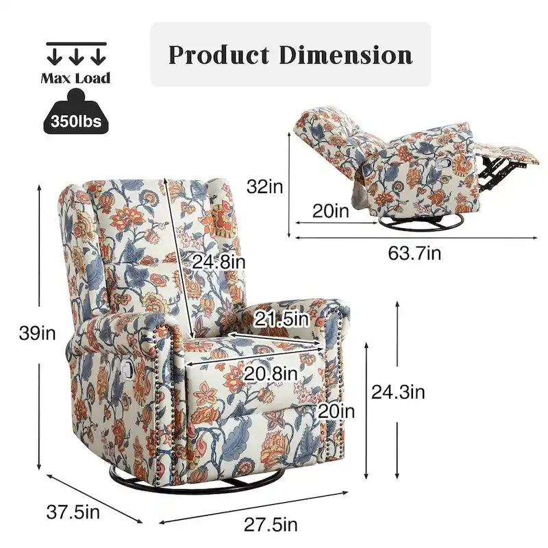 Floral Fabric Manual Recliner Swivel Rocking Chair Set of 2