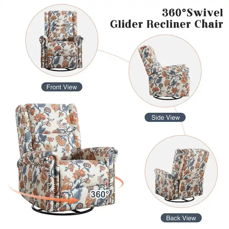Floral Fabric Manual Recliner Swivel Rocking Chair Set of 2