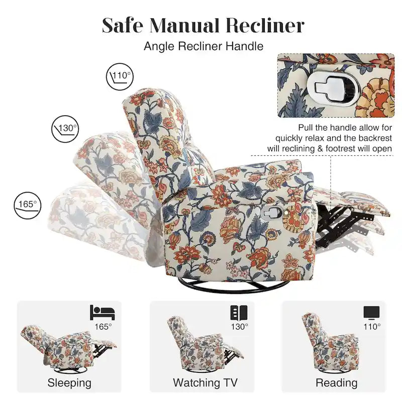 Floral Fabric Manual Recliner Swivel Rocking Chair Set of 2