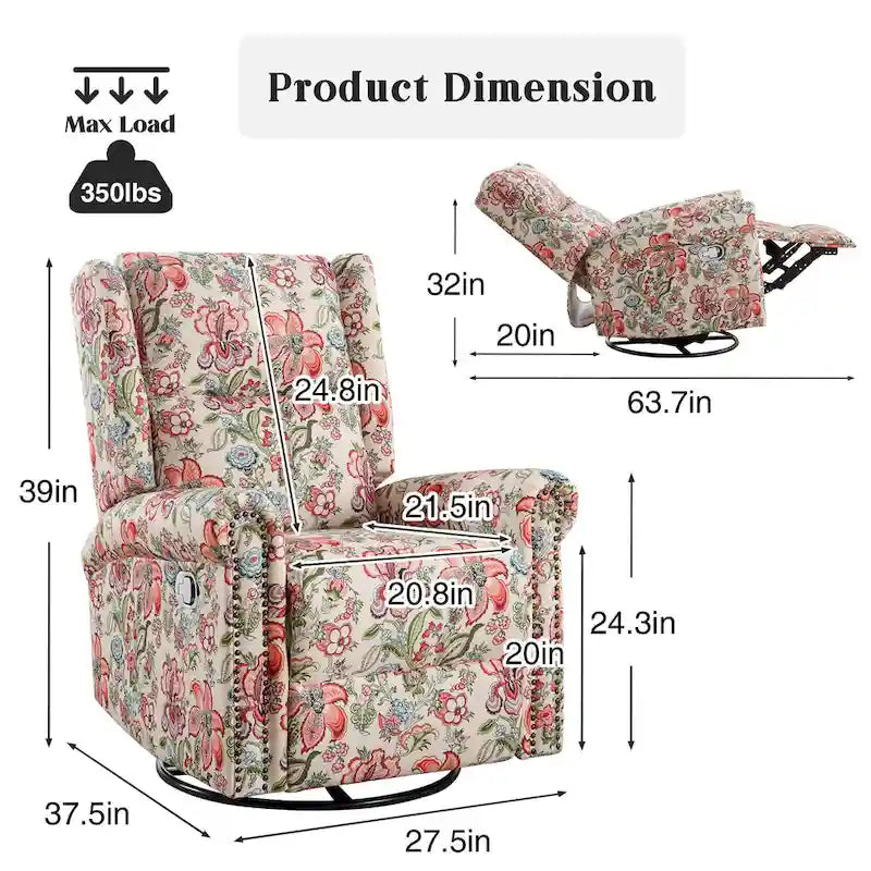 Floral Fabric Manual Recliner Swivel Rocking Chair Set of 2