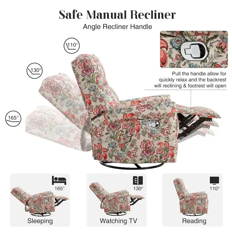 Floral Fabric Manual Recliner Swivel Rocking Chair Set of 2