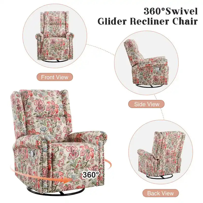 Floral Fabric Manual Recliner Swivel Rocking Chair Set of 2