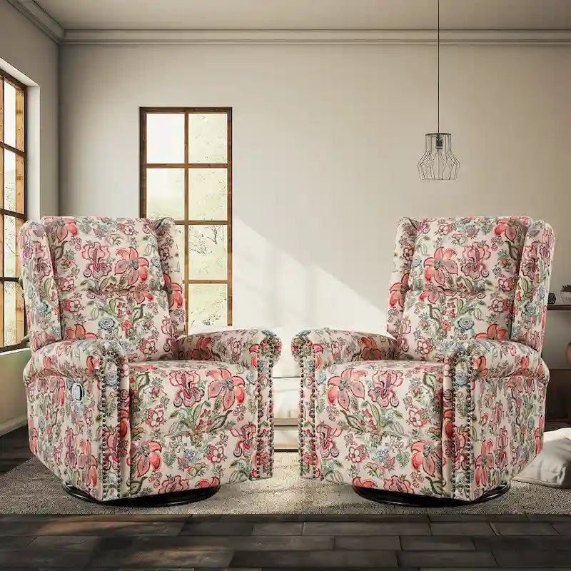Floral Fabric Manual Recliner Swivel Rocking Chair Set of 2