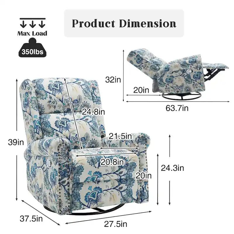 Floral Fabric Manual Recliner Swivel Rocking Chair Set of 2