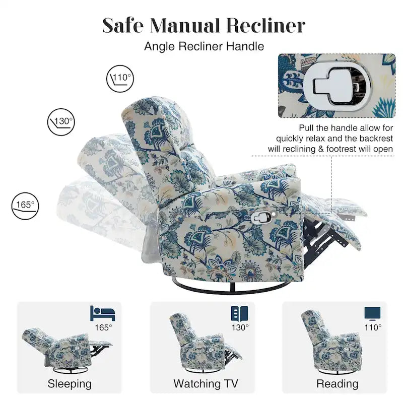 Floral Fabric Manual Recliner Swivel Rocking Chair Set of 2