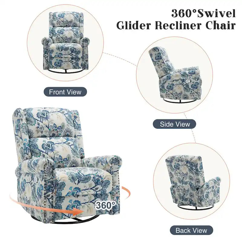 Floral Fabric Manual Recliner Swivel Rocking Chair Set of 2