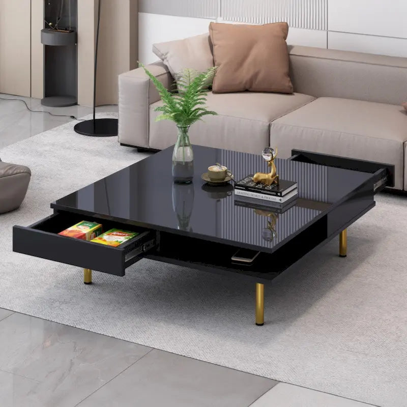 High Gloss Square Coffee Table with Gold Legs and 2 Hidden Drawers