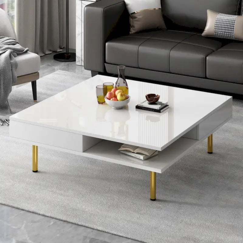 High Gloss Square Coffee Table with Gold Legs and 2 Hidden Drawers