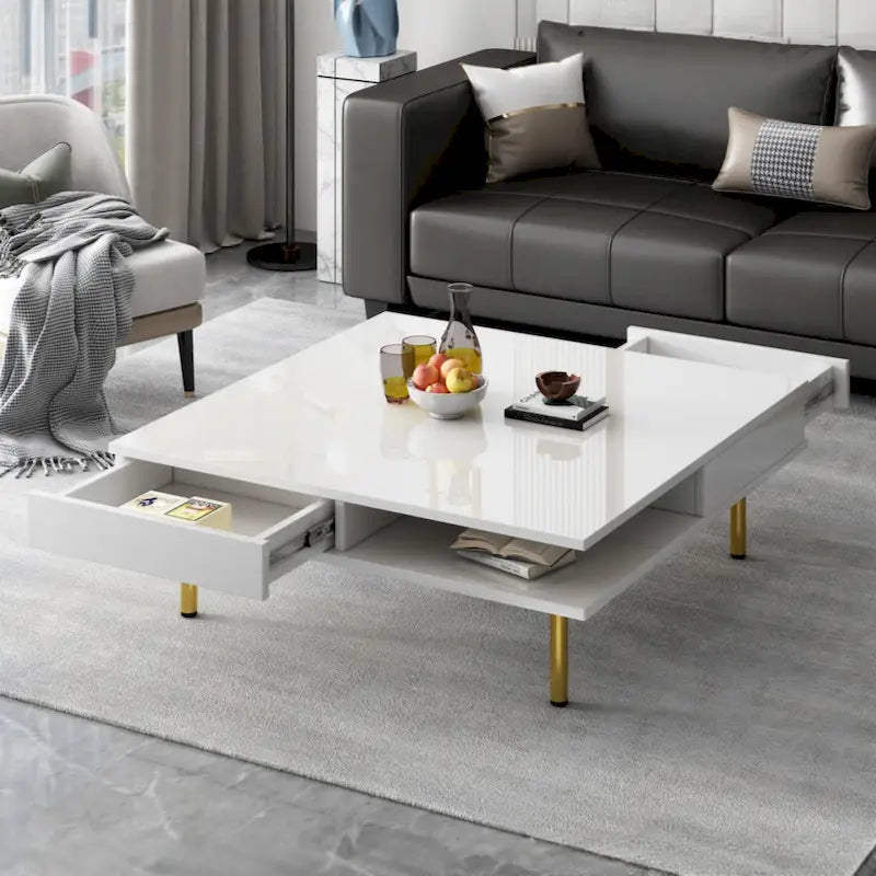 High Gloss Square Coffee Table with Gold Legs and 2 Hidden Drawers